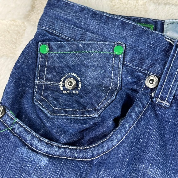 Parish Mens Jeans Distressed Blue Denim Green Accent Stitching Stylish - Picture 8 of 16